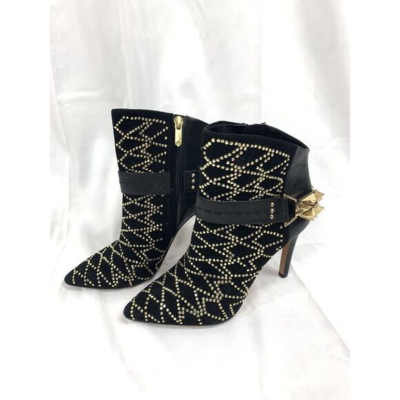 Sam Edelman Mila Bootie Black Gold Studded Ankle Boot High Stiletto Heel 6 - Picture 1 of 7